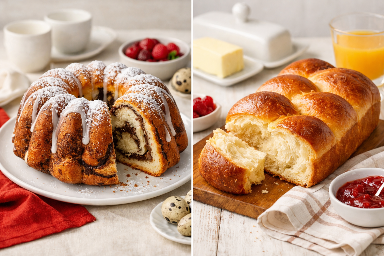 Babka polonaise et brioche française présentées côte à côte sur une table lumineuse, sans texte ni logo