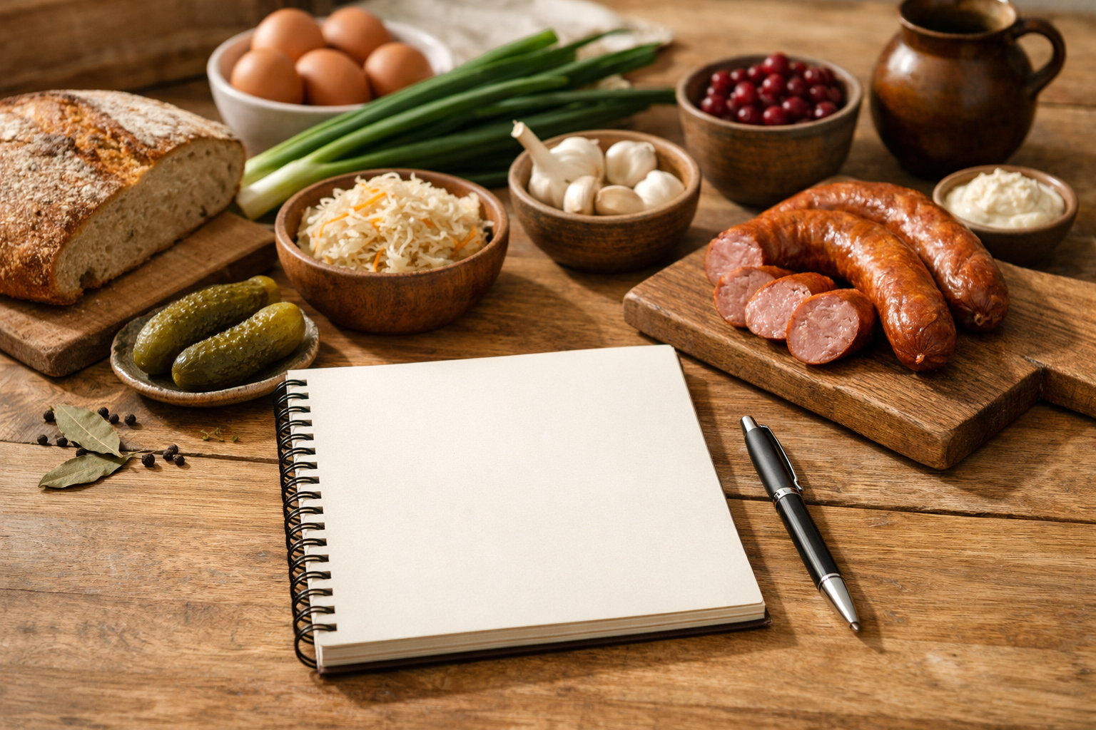Carnet et ingrédients sur une table de cuisine