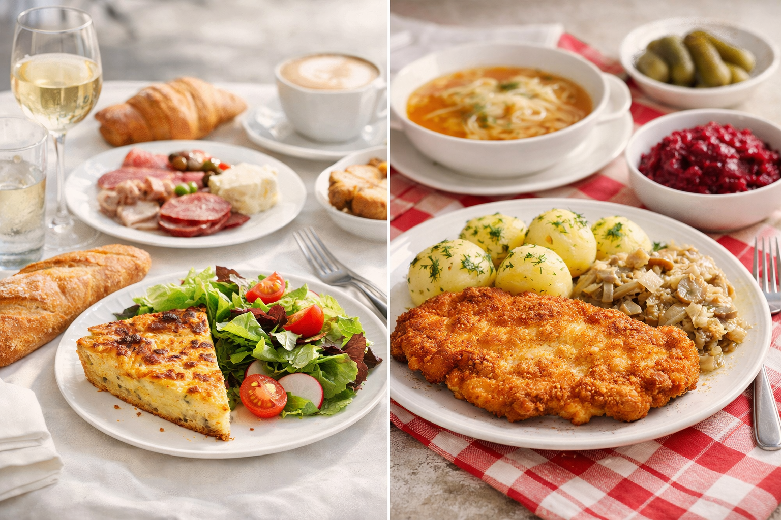 Table lumineuse présentant un déjeuner français et un obiad polonais avec soupe, plat chaud et accompagnements