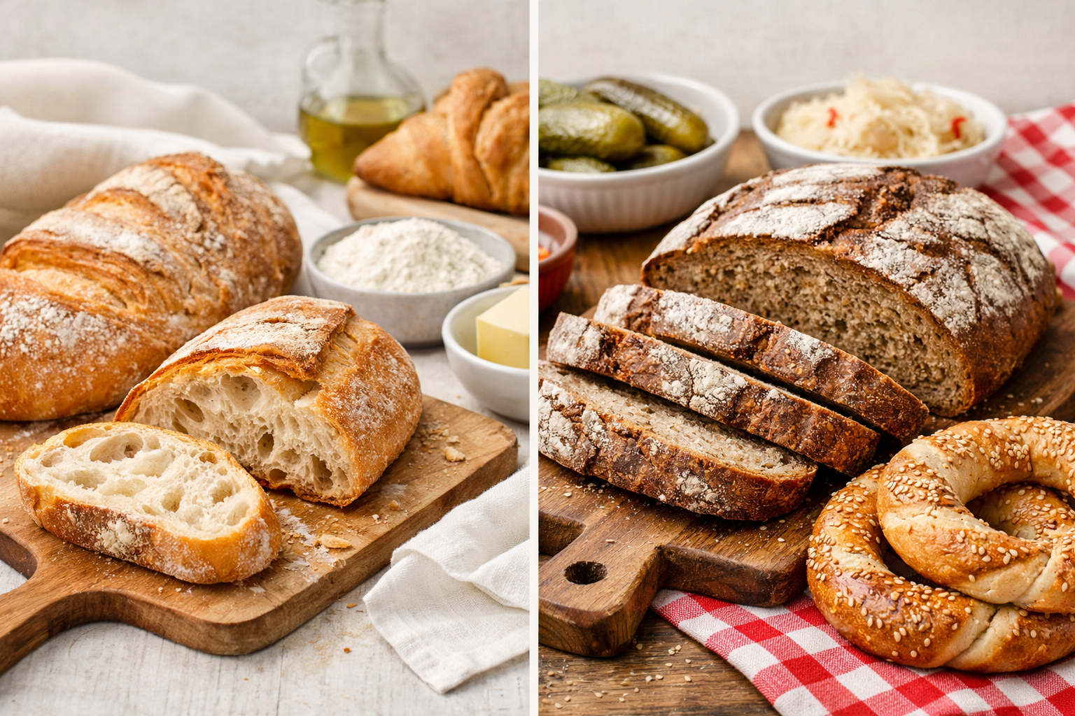 Tranches de pain français et polonais présentées sur une table avec beurre et accompagnements salés