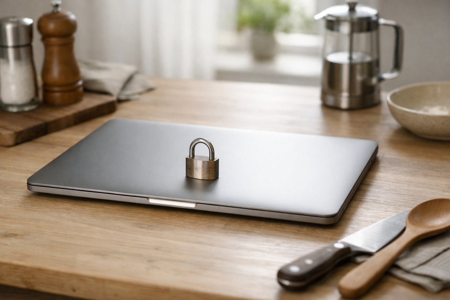 Ordinateur fermé et cadenas sur une table de cuisine