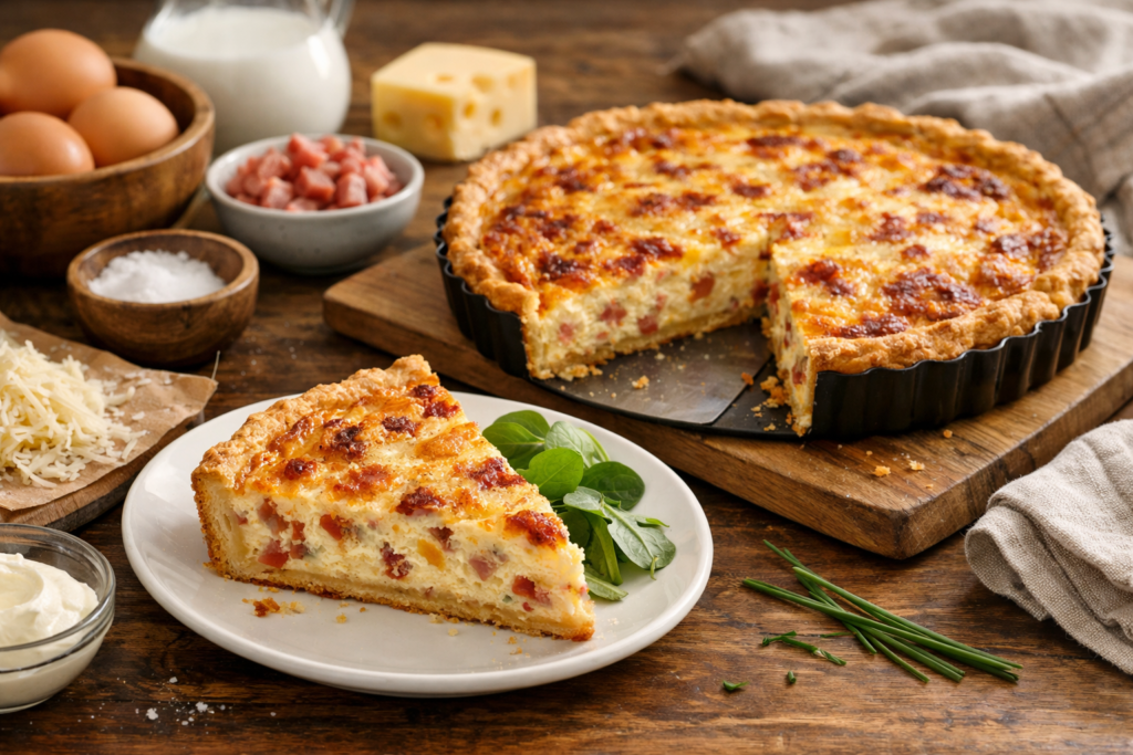 Grafika 1 do artykułu: Découvrez pourquoi la quiche lorraine recette traditionnelle fonctionne si bien : pâte croustillante, appareil crémeux et astuces de préparation.