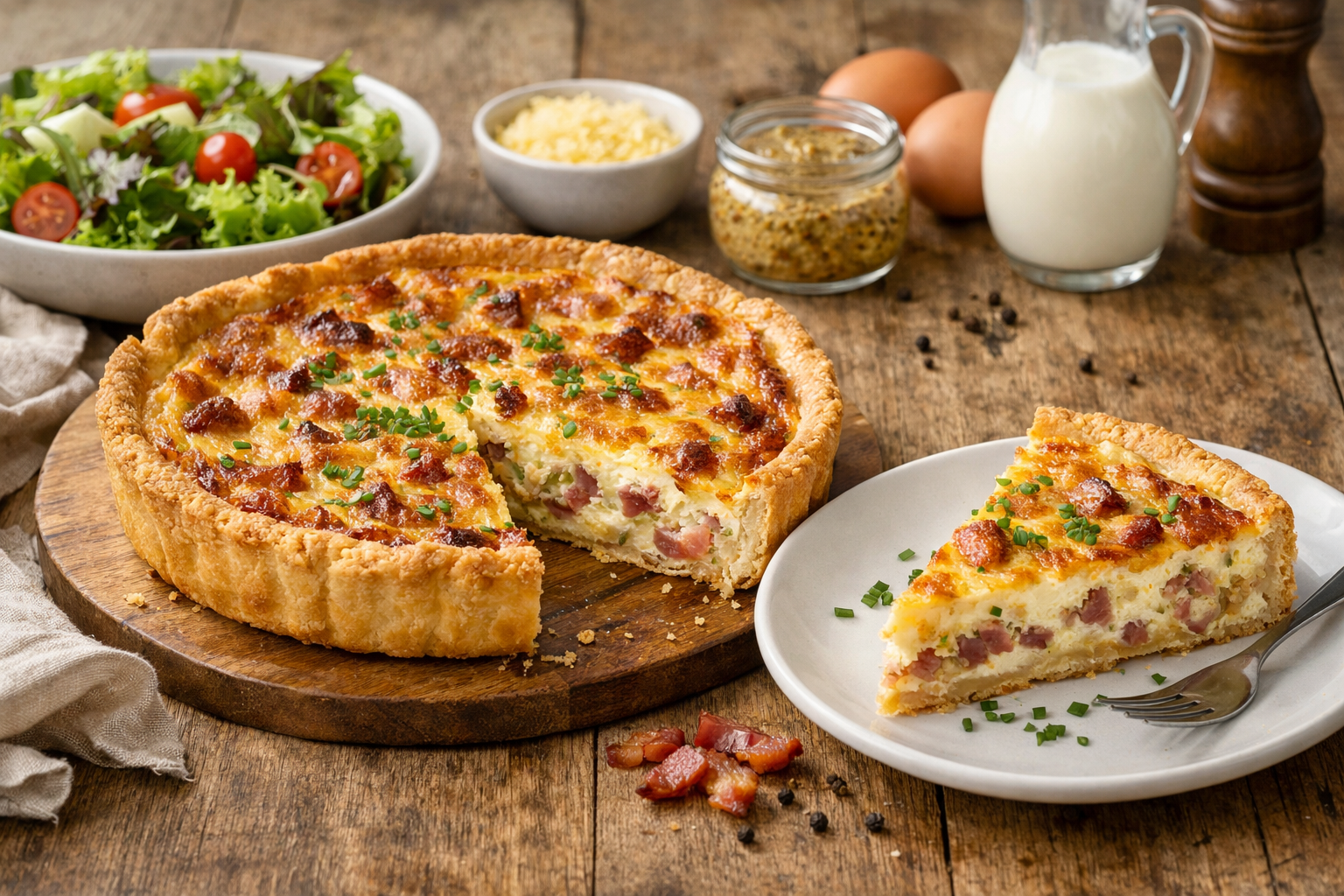 Grafika 1 do artykułu: Découvrez pourquoi la quiche lorraine recette traditionnelle fonctionne si bien : pâte croustillante, appareil crémeux et astuces de préparation.