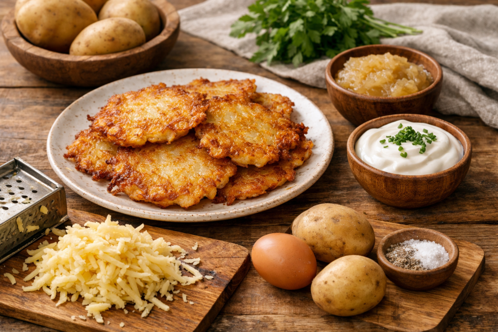 Grafika 1 do artykułu: Recette du monde rapide : des placki ziemniaczane aux pommes de terre dorées. Simple, gourmand et prêt vite pour un repas maison.
