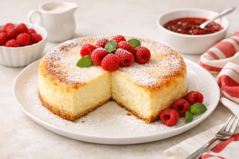 Sernik polonais sans pâte, doré en surface et fondant au centre, présenté sur une assiette claire.