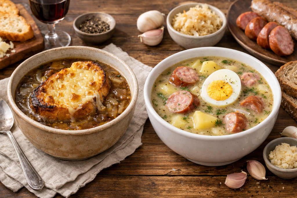 Grafika 1 do artykułu: Goûte la Pologne : comparez la soupe à l’oignon française et le żurek ou le barszcz. Deux façons de réchauffer la table.