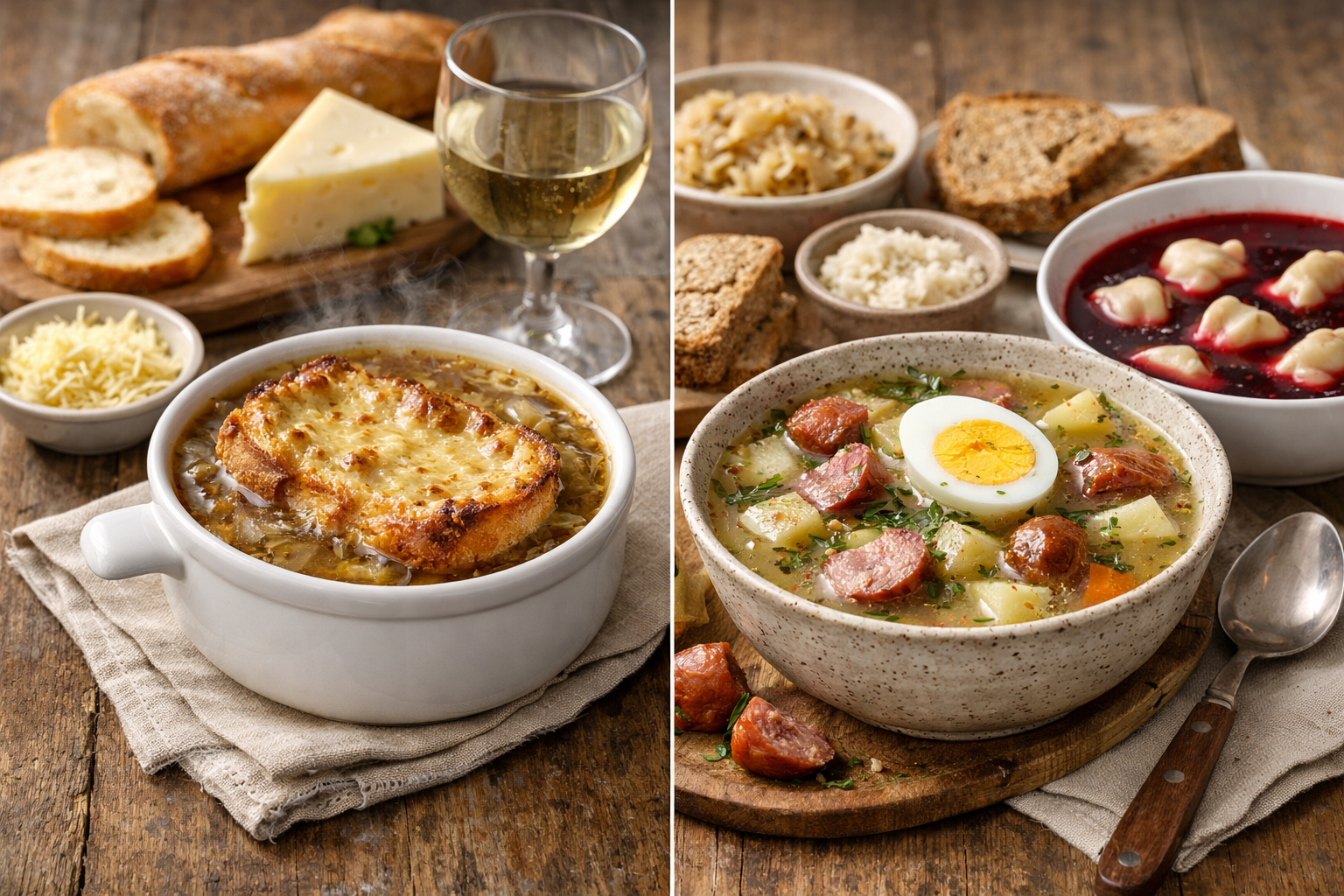 Grafika 1 do artykułu: Goûte la Pologne : comparez la soupe à l’oignon française et le żurek ou le barszcz. Deux façons de réchauffer la table.