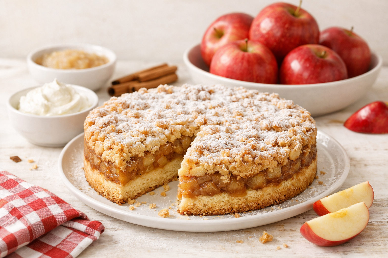 Part de szarlotka polonaise aux pommes et à la cannelle sur une assiette, avec sa pâte dorée et friable.