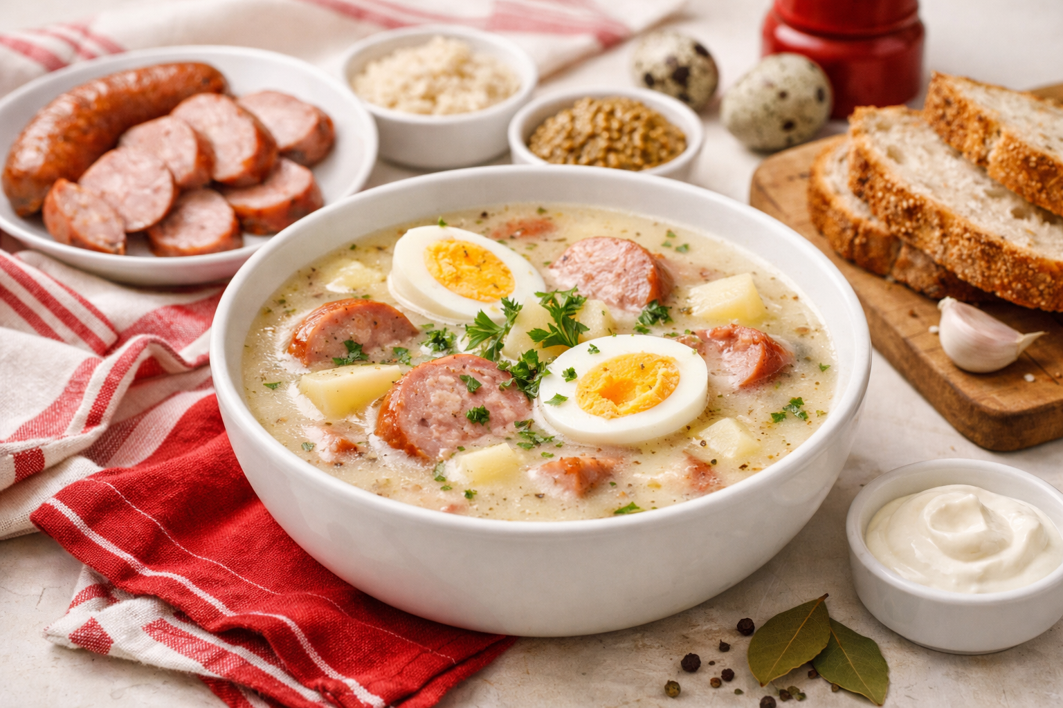 Bol de barszcz biały polonais avec saucisse, œuf et herbes fraîches, servi chaud avec du pain de seigle