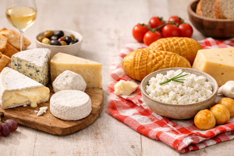 Twaróg et oscypek présentés avec plusieurs fromages français sur une table claire