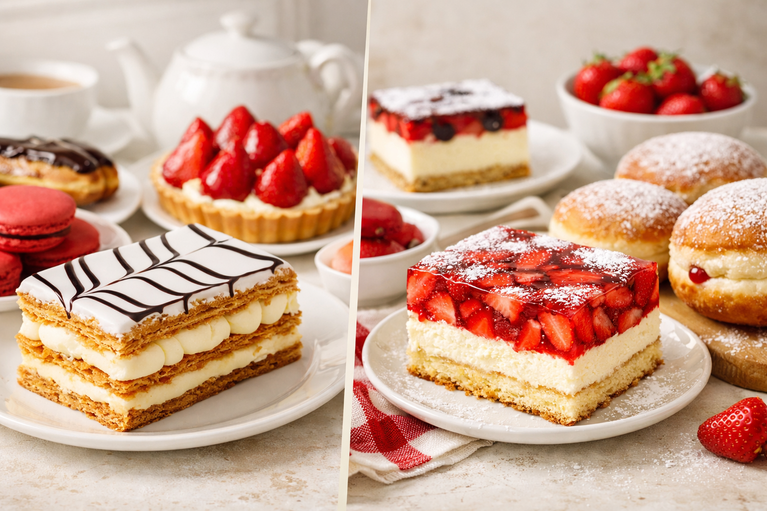 Assortiment de gâteaux français et polonais aux textures et garnitures variées sur une table lumineuse