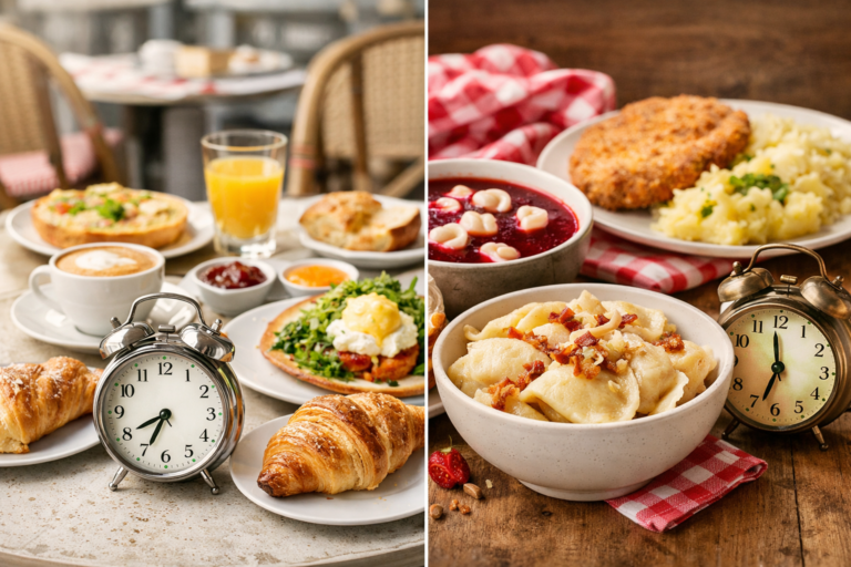 Table conviviale présentant un déjeuner français et un obiad polonais, avec soupe, pain, légumes et plat chaud, sans texte ni drapeau.