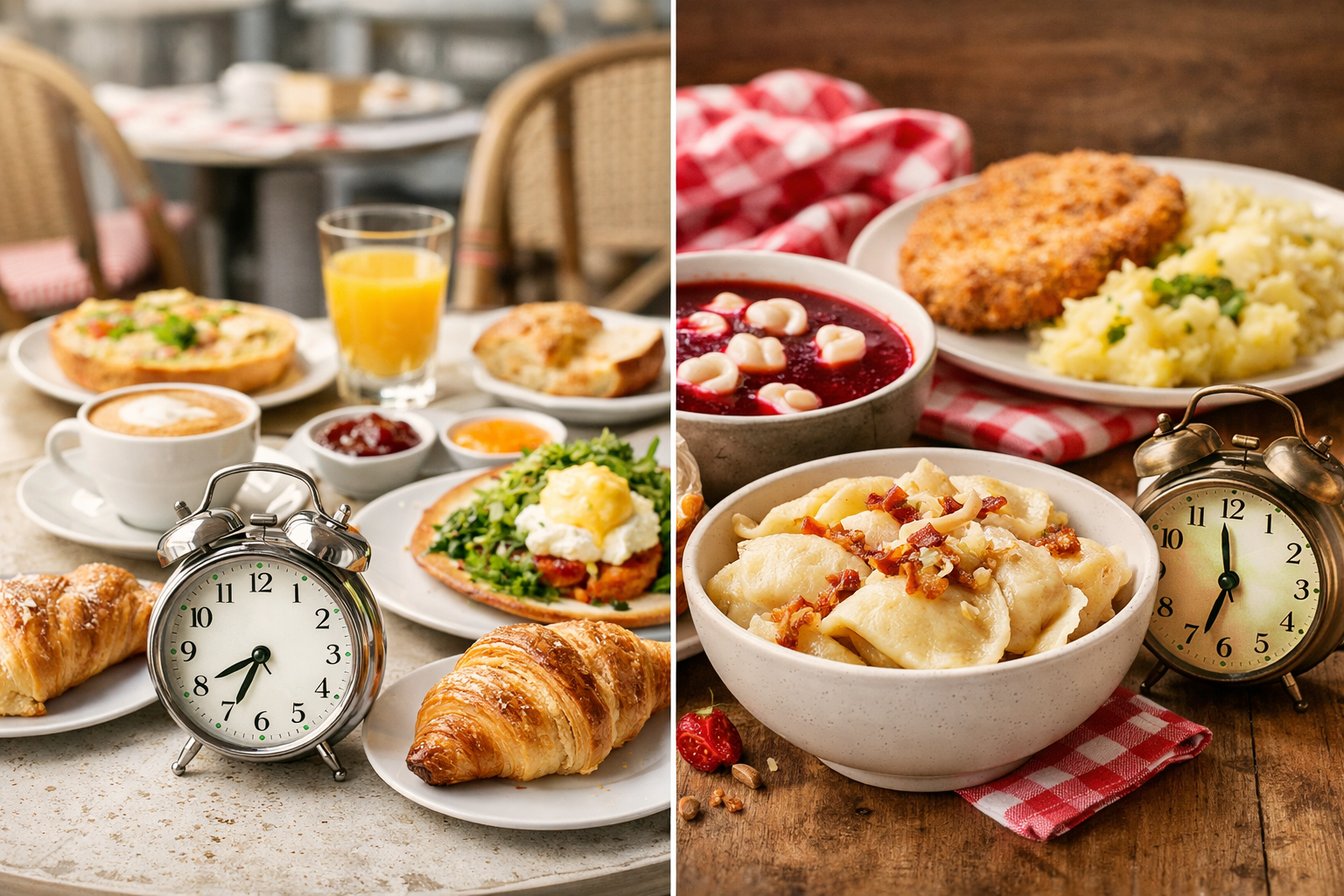 Table conviviale présentant un déjeuner français et un obiad polonais, avec soupe, pain, légumes et plat chaud, sans texte ni drapeau.