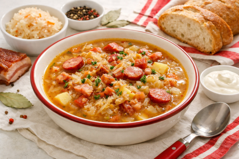 Bol de kapuśniak, soupe polonaise au chou fermenté, pommes de terre et viande fumée