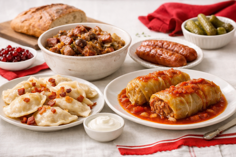 Bol de soupe polonaise accompagné de légumes et de pain sur une table claire