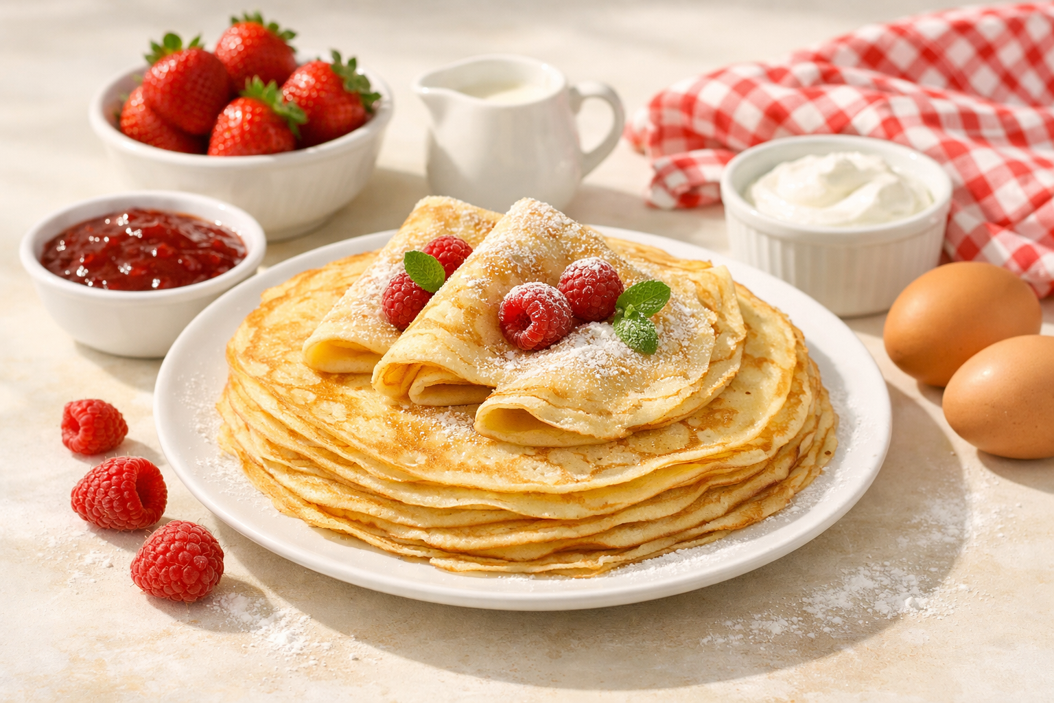 Assiette de naleśniki polonais fins et souples, prêts à être garnis de fromage blanc et de fruits rouges