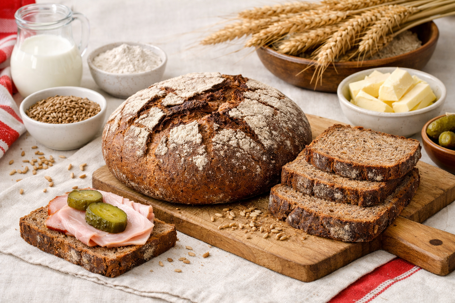 Tranches de pain de seigle polonais accompagnées de fromage frais et de légumes sur une table claire