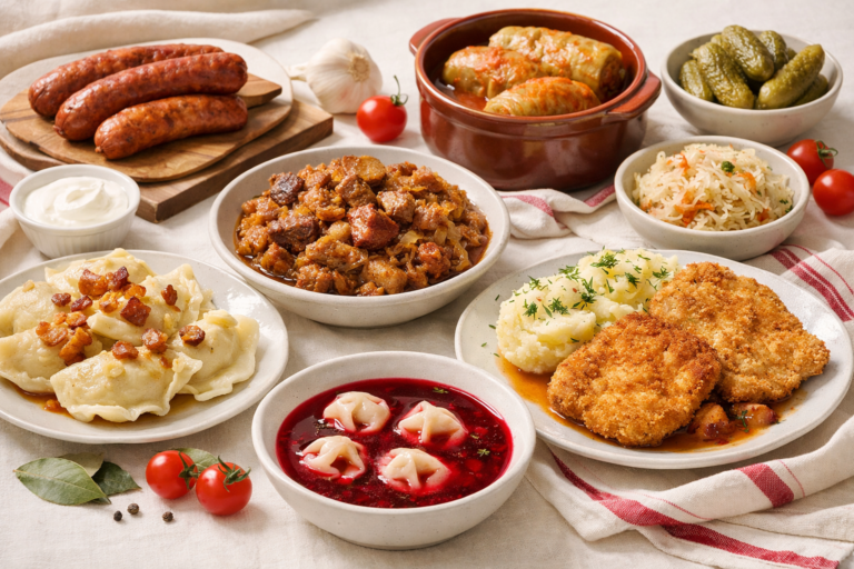 Table généreuse présentant plusieurs plats traditionnels polonais, dont des pierogi, une soupe et une pâtisserie.
