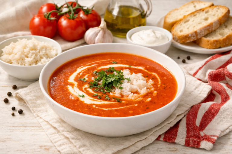 Bol de soupe pomidorowa polonaise à la tomate, crémeuse et garnie de persil, servi avec de petites pâtes