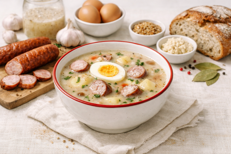 Deux soupes polonaises acidulées, le żurek et le barszcz biały, servies dans des bols avec œuf et saucisse.