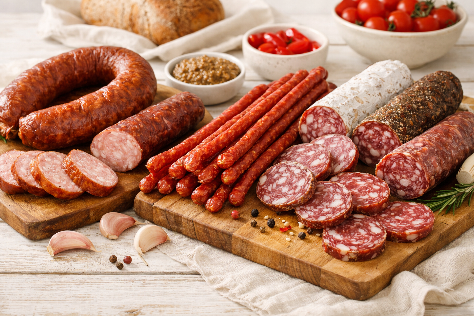 Assortiment de charcuteries polonaises avec kiełbasa, kabanos, pain et cornichons sur une table claire