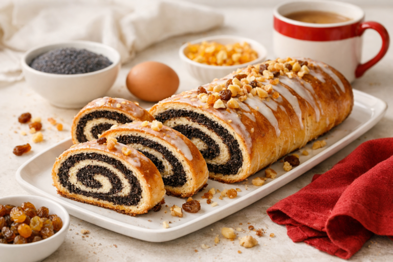 Makowiec polonais tranché, avec sa spirale de pavot et son glaçage blanc, servi sur une assiette claire