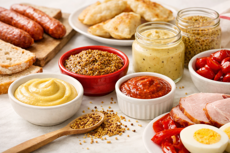 Bol de moutarde polonaise servi avec une saucisse grillée et du pain croustillant