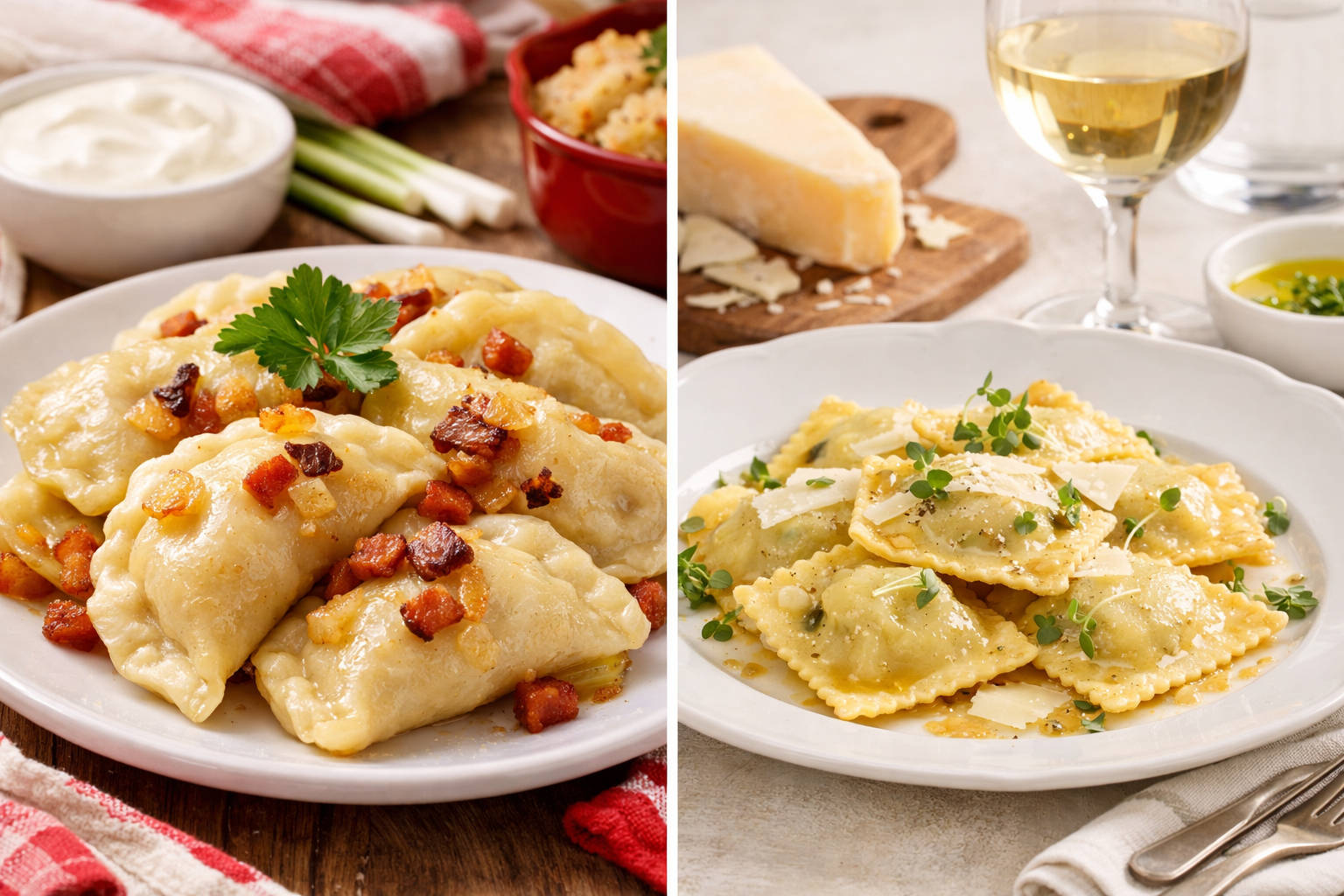 Assiette de pierogi polonais et de ravioles françaises, présentés côte à côte sans texte ni logo