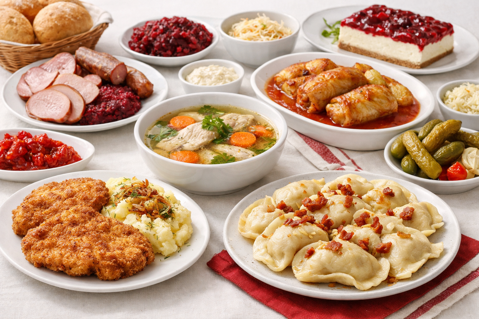 Table familiale avec rosół, viande, pommes de terre et salades polonaises