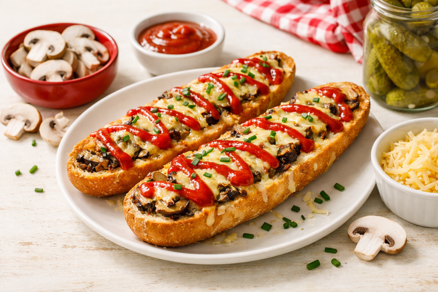 Baguette polonaise gratinée aux champignons et au fromage, servie avec du ketchup et des herbes fraîches